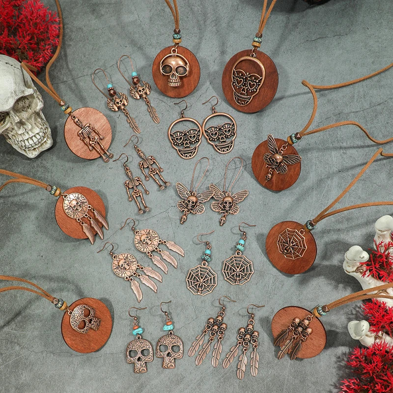 Fashion Retro Vintage Sweater Leather Rope Round Wooden Pendant Necklace Woman Jewelry Set Earrings Skull Collar Choker Necklace