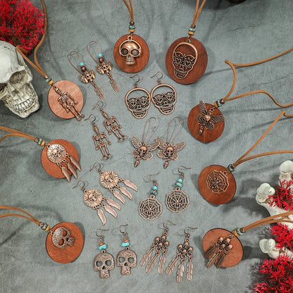 Fashion Retro Vintage Sweater Leather Rope Round Wooden Pendant Necklace Woman Jewelry Set Earrings Skull Collar Choker Necklace