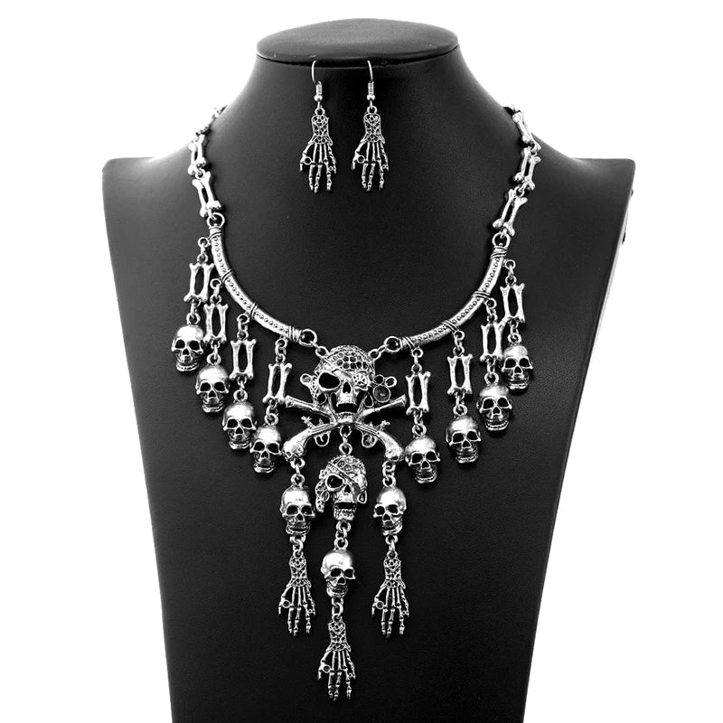 Classic Punk Skull Pirate Skeleton Jewelry Sets For Women Men Halloween Gothic Biker Statement Choker Necklace Vintage Earrings