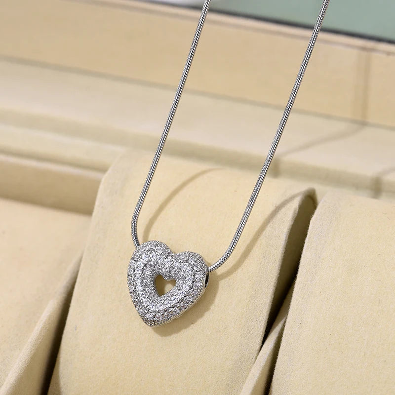 Trendy Luxury Zirconia Love Heart Pendant Necklace For Women Stainless Steel Round Chain Choker Necklace Female Jewelry Gift
