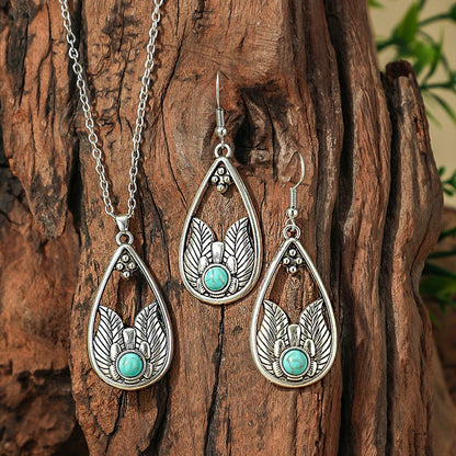 Vintage Bohemian Hollow Round Geometric Necklace Earrings Set For Women Indian Jewelry Ethnic Bule Beads Pendant Jewelry Sets