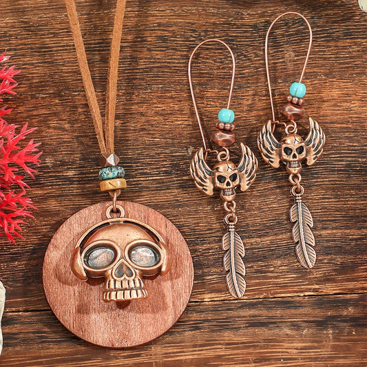 Fashion Retro Vintage Sweater Leather Rope Round Wooden Pendant Necklace Woman Jewelry Set Earrings Skull Collar Choker Necklace