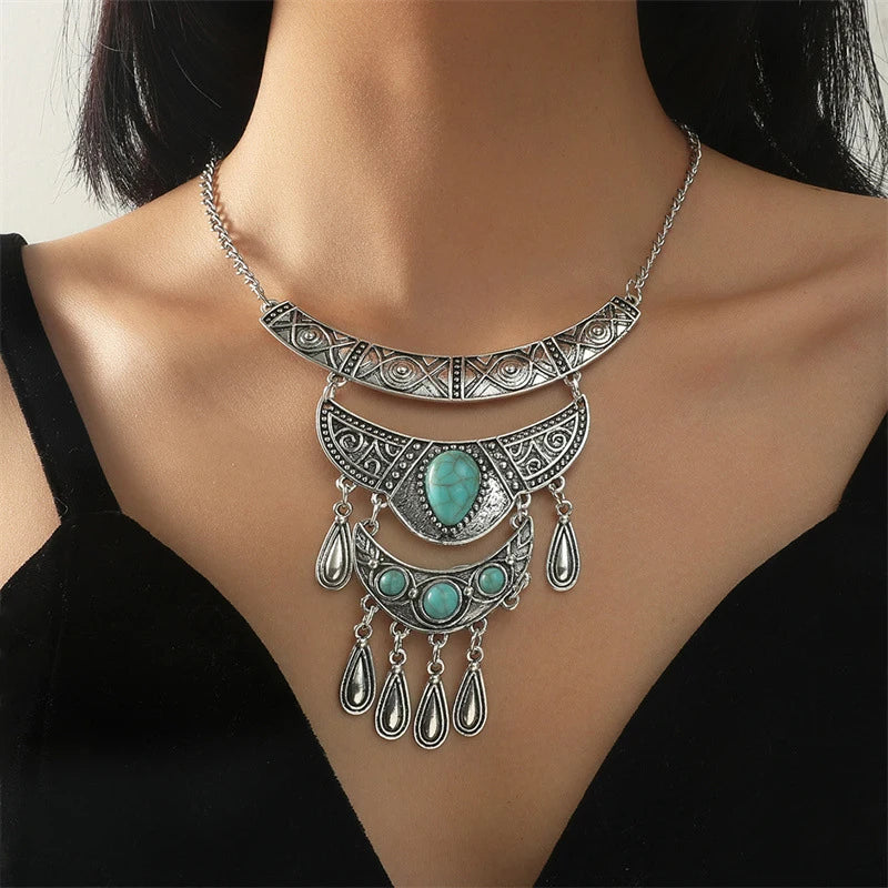 Multilayer Bohemian Drop Tassel Statement Necklace For Women Carved Eye Vintage Ethnic Long Chain Pendant Necklace Collier Femme