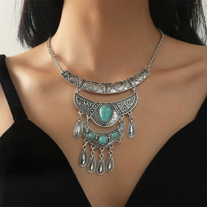Multilayer Bohemian Drop Tassel Statement Necklace For Women Carved Eye Vintage Ethnic Long Chain Pendant Necklace Collier Femme