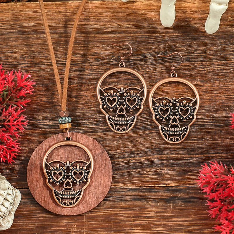 Fashion Retro Vintage Sweater Leather Rope Round Wooden Pendant Necklace Woman Jewelry Set Earrings Skull Collar Choker Necklace