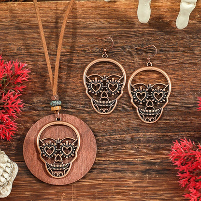 Fashion Retro Vintage Sweater Leather Rope Round Wooden Pendant Necklace Woman Jewelry Set Earrings Skull Collar Choker Necklace