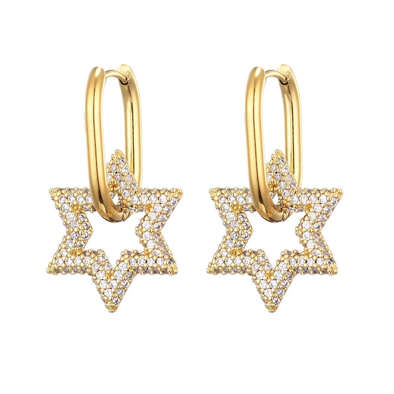 LOVBEAFAS New Star Round Stainless Steel Hoop Earrings For Women Cubic Zirconia Geometric Gold Color Wedding Elegant Jewelry