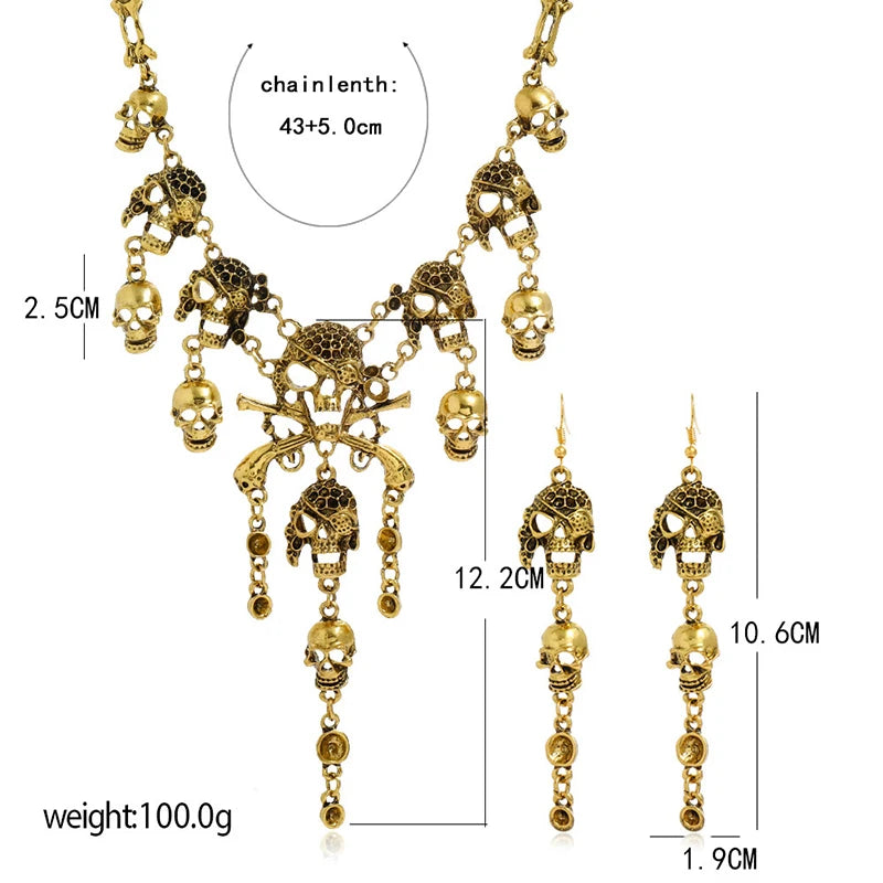 Classic Punk Skull Pirate Skeleton Jewelry Sets For Women Men Halloween Gothic Biker Statement Choker Necklace Vintage Earrings