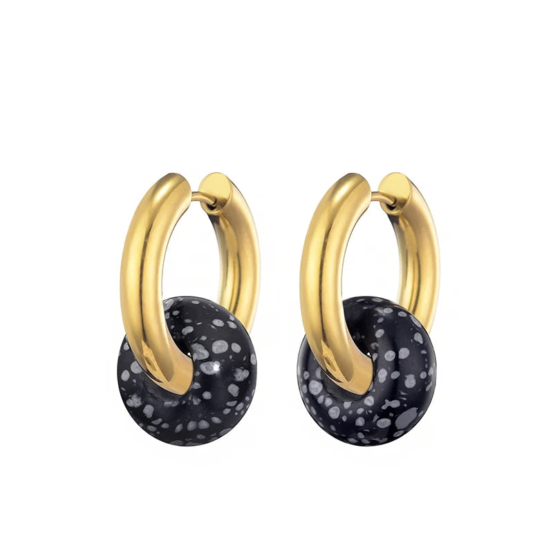 Classic Fashion Natural Stone Round Bead Hoop Earrings Woman Turquoises 3.0mm Thick Stainless Steel Ear Buckle Earrings Jewelry