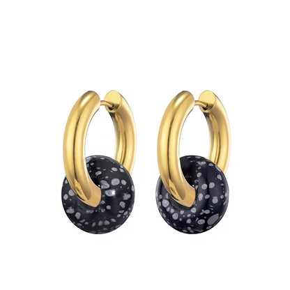 Classic Fashion Natural Stone Round Bead Hoop Earrings Woman Turquoises 3.0mm Thick Stainless Steel Ear Buckle Earrings Jewelry