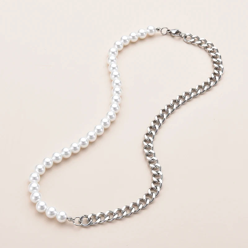 New Stainless Steel Cuban Curb Link Chain Pearl Choker Necklace For Women Men Punk Hip-hop 8mm White Beaded Silver Color Jewelry