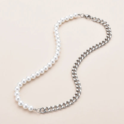 New Stainless Steel Cuban Curb Link Chain Pearl Choker Necklace For Women Men Punk Hip-hop 8mm White Beaded Silver Color Jewelry