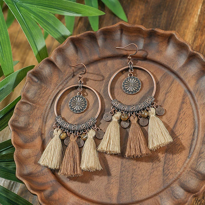 Vintage Ethnic Wooden Tassel Women's Jewelry Sets Bohemian Long Sweater Chain Holiday Daily Pendant Necklace Drop Earrings Gift
