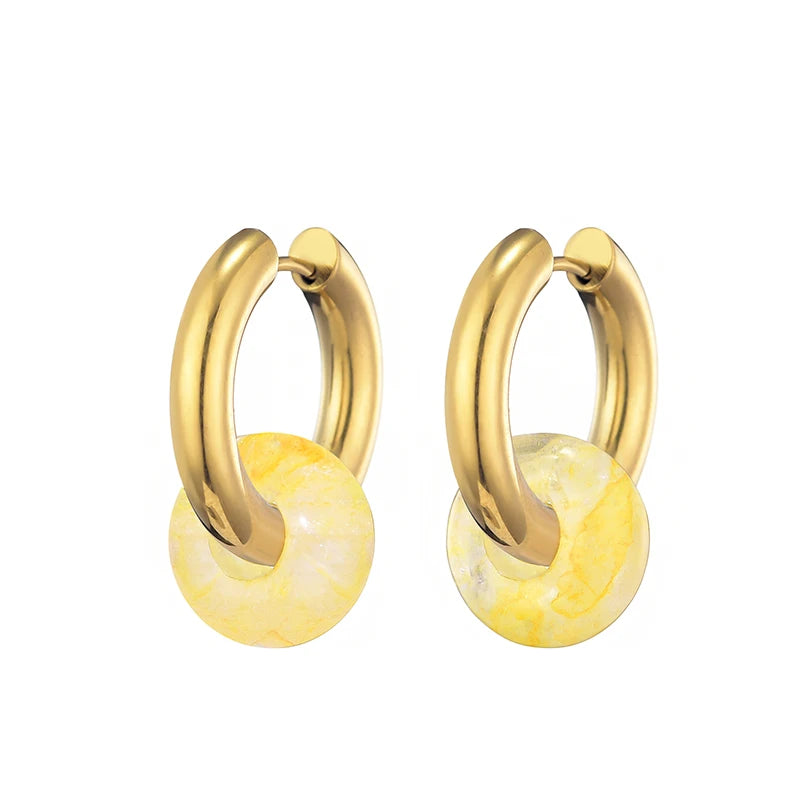 Classic Fashion Natural Stone Round Bead Hoop Earrings Woman Turquoises 3.0mm Thick Stainless Steel Ear Buckle Earrings Jewelry