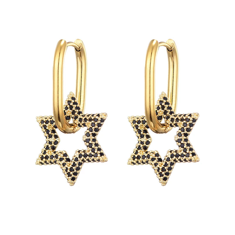 LOVBEAFAS New Star Round Stainless Steel Hoop Earrings For Women Cubic Zirconia Geometric Gold Color Wedding Elegant Jewelry