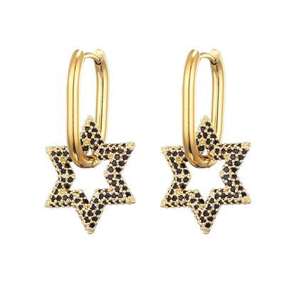 LOVBEAFAS New Star Round Stainless Steel Hoop Earrings For Women Cubic Zirconia Geometric Gold Color Wedding Elegant Jewelry