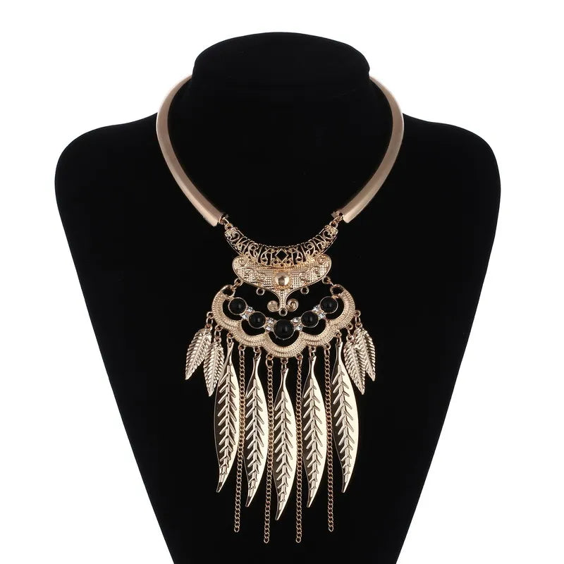 Vintage Statement Boho Necklace For Women Leaves Tassel Blue Black Red Beads Rhinestone Bohemian Necklace Party Jewelry Gift