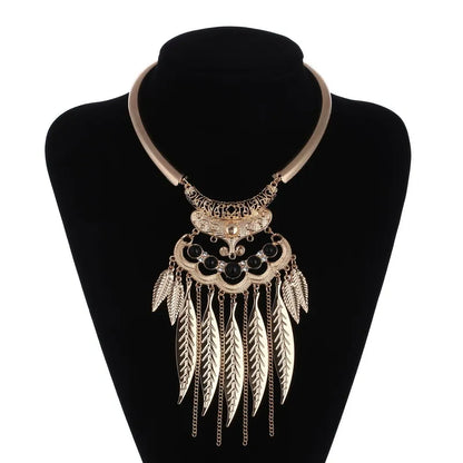 Vintage Statement Boho Necklace For Women Leaves Tassel Blue Black Red Beads Rhinestone Bohemian Necklace Party Jewelry Gift