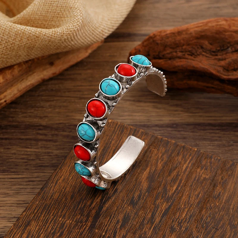 Vintage Bohemian Colorful Cuff Bracelets Bangles For Women Fashion Jewelry Adjustable Open Wrist Geometric Round Boho Bangle