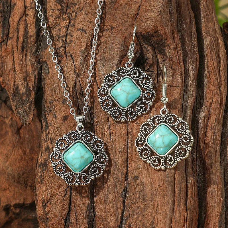 Vintage Bohemian Hollow Round Geometric Necklace Earrings Set For Women Indian Jewelry Ethnic Bule Beads Pendant Jewelry Sets