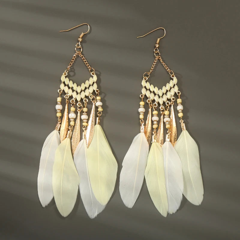 Boho Long Feather Dangle Women's Earrings Beach Long Tassel Beads Handmade Flower Enamel Earrings Bride Wedding Pendientes Mujer
