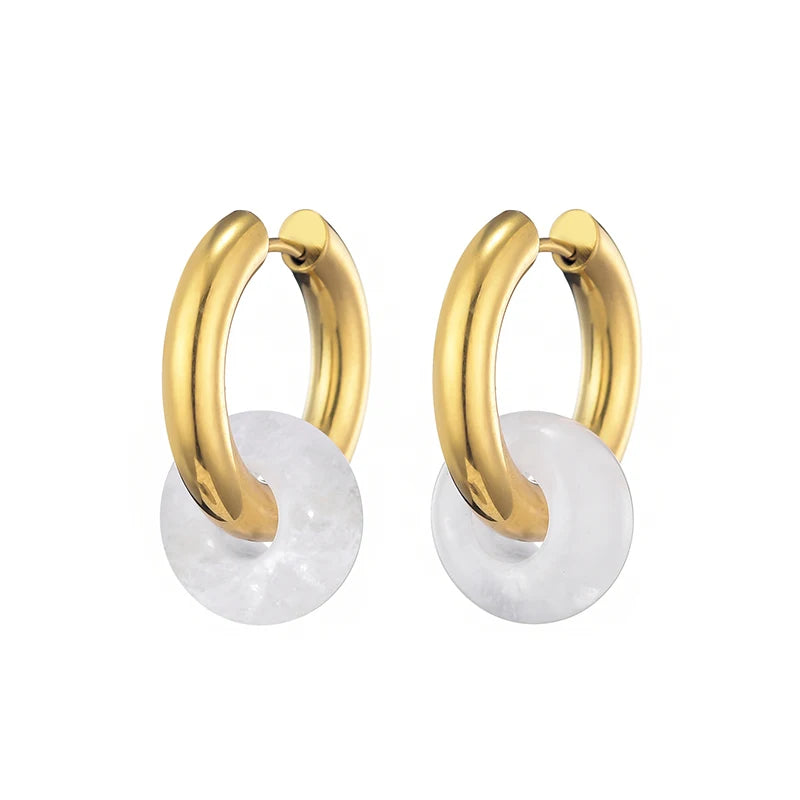 Classic Fashion Natural Stone Round Bead Hoop Earrings Woman Turquoises 3.0mm Thick Stainless Steel Ear Buckle Earrings Jewelry