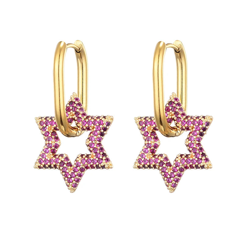 LOVBEAFAS New Star Round Stainless Steel Hoop Earrings For Women Cubic Zirconia Geometric Gold Color Wedding Elegant Jewelry
