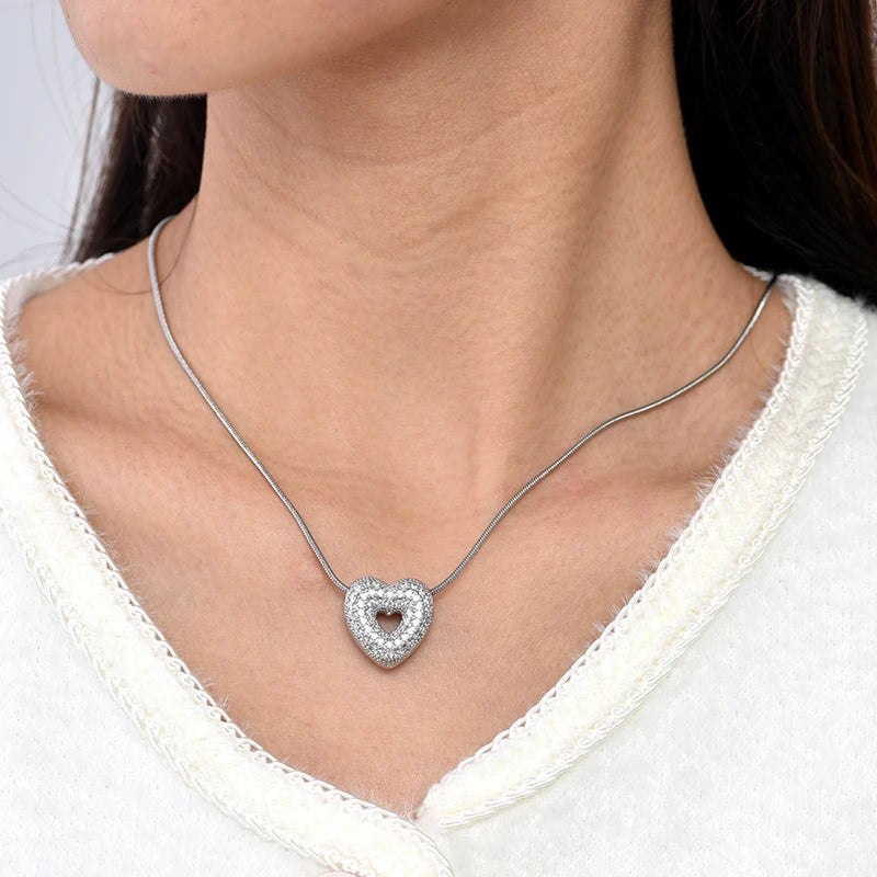 Trendy Luxury Zirconia Love Heart Pendant Necklace For Women Stainless Steel Round Chain Choker Necklace Female Jewelry Gift