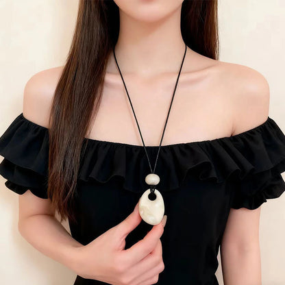 Vintage Acrylic Water Drop Hollow Irregular Geometric Pendant Necklace Woman Wax Rope Beaded Adjustable Sweater Chain Jewelry