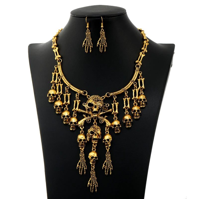 Classic Punk Skull Pirate Skeleton Jewelry Sets For Women Men Halloween Gothic Biker Statement Choker Necklace Vintage Earrings