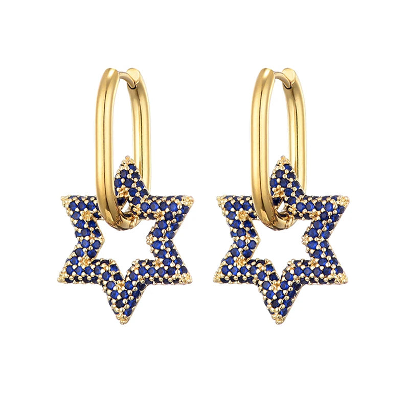 LOVBEAFAS New Star Round Stainless Steel Hoop Earrings For Women Cubic Zirconia Geometric Gold Color Wedding Elegant Jewelry