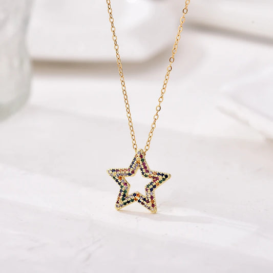 Trendy Multicolor Star Zincon Pendant Necklace For Women Stainless Steel Chain Choker Vintage Necklace Female Daily Jewelry Gift