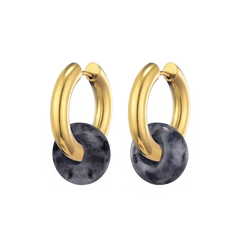 Classic Fashion Natural Stone Round Bead Hoop Earrings Woman Turquoises 3.0mm Thick Stainless Steel Ear Buckle Earrings Jewelry