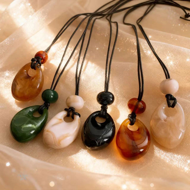 Vintage Acrylic Water Drop Hollow Irregular Geometric Pendant Necklace Woman Wax Rope Beaded Adjustable Sweater Chain Jewelry