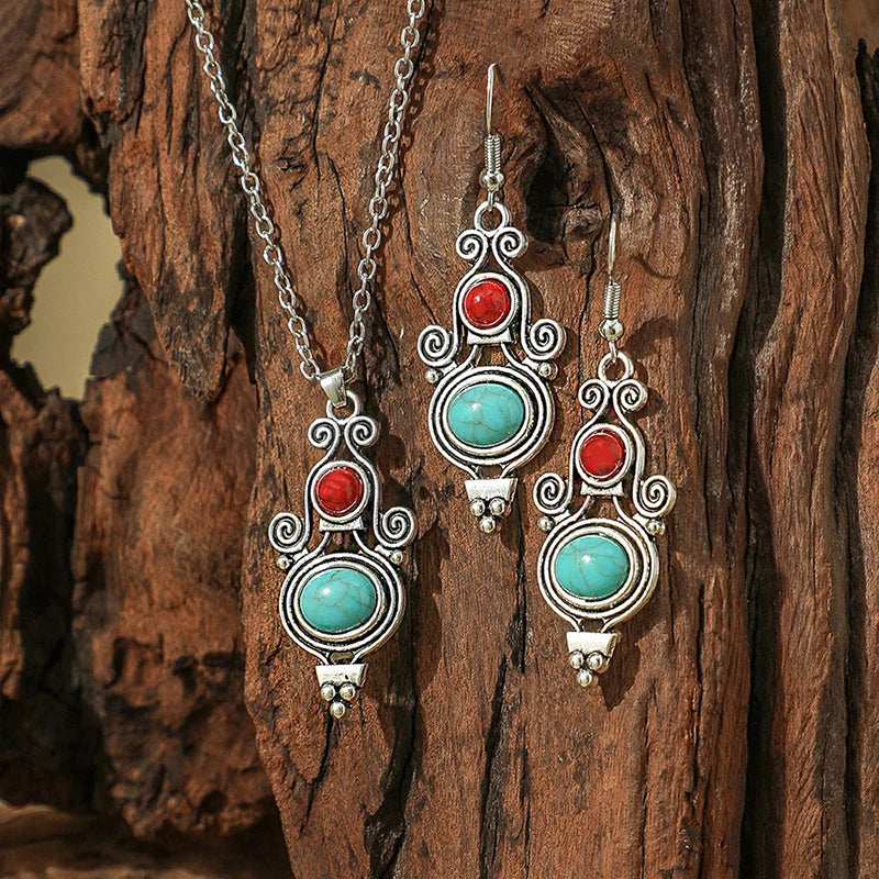 Vintage Bohemian Hollow Round Geometric Necklace Earrings Set For Women Indian Jewelry Ethnic Bule Beads Pendant Jewelry Sets