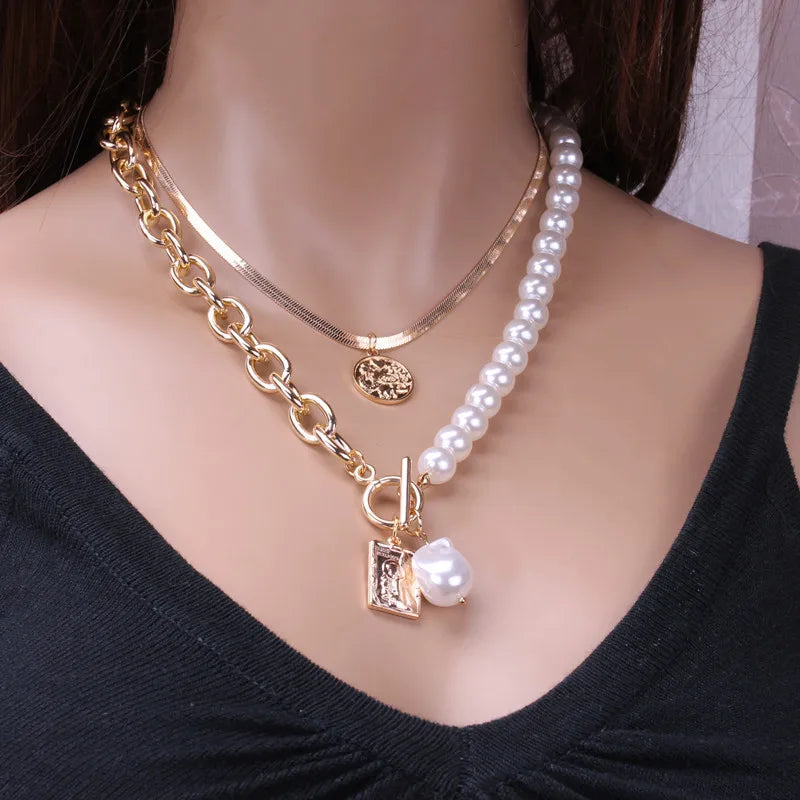 Fashion Chain Pearl Necklace For Women Baroque Pearl Metal Charm Pendant Necklaces Choker Snake Chain Jewelry Gold Silver Color