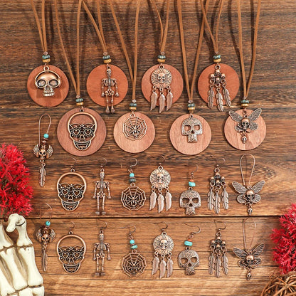 Fashion Retro Vintage Sweater Leather Rope Round Wooden Pendant Necklace Woman Jewelry Set Earrings Skull Collar Choker Necklace