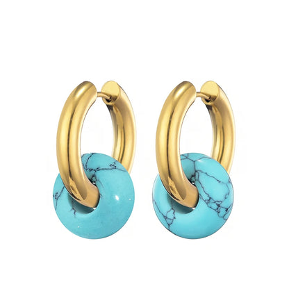 Classic Fashion Natural Stone Round Bead Hoop Earrings Woman Turquoises 3.0mm Thick Stainless Steel Ear Buckle Earrings Jewelry