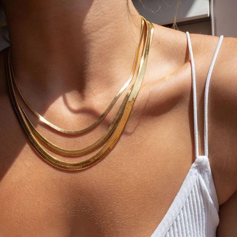 Hot Classic Unisex Flat Snake Chain Choker Necklace For Women Stainless Steel Herringbone Gold Silver Color Fashion Jewelry Gift