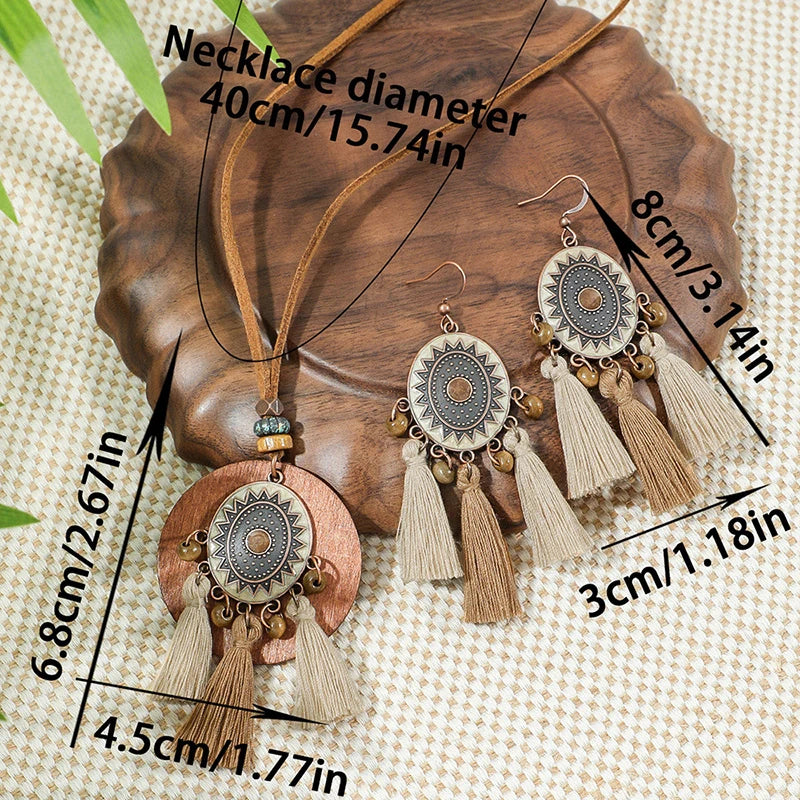 Vintage Ethnic Wooden Tassel Women's Jewelry Sets Bohemian Long Sweater Chain Holiday Daily Pendant Necklace Drop Earrings Gift