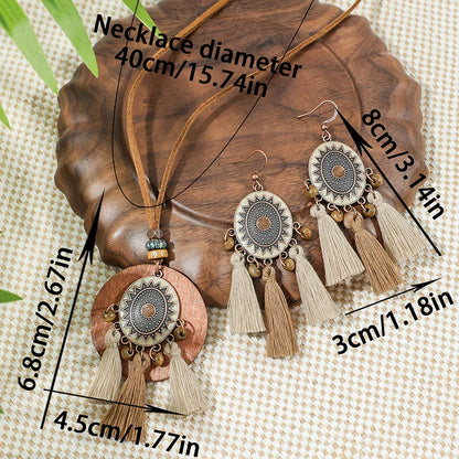 Vintage Ethnic Wooden Tassel Women's Jewelry Sets Bohemian Long Sweater Chain Holiday Daily Pendant Necklace Drop Earrings Gift