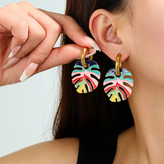 Hot Colorful Big Leaf Pendant Gold Color Stainless Steel Earrings For Women Jewelry Vintage Statement Enamel Round Hoop Earrings