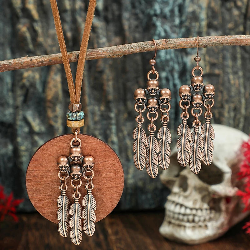 Fashion Retro Vintage Sweater Leather Rope Round Wooden Pendant Necklace Woman Jewelry Set Earrings Skull Collar Choker Necklace