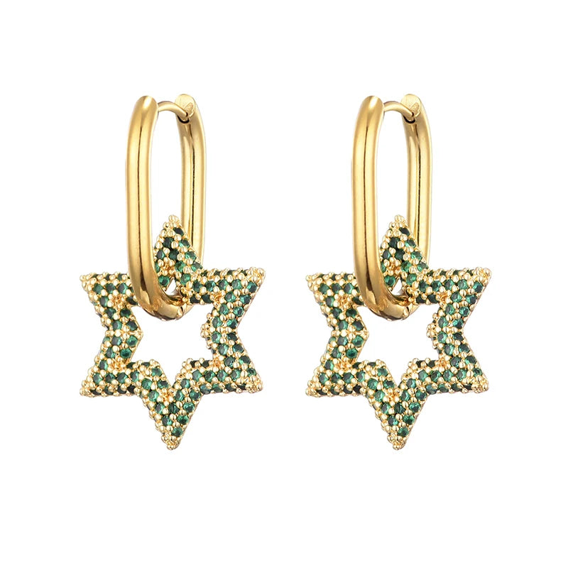 LOVBEAFAS New Star Round Stainless Steel Hoop Earrings For Women Cubic Zirconia Geometric Gold Color Wedding Elegant Jewelry