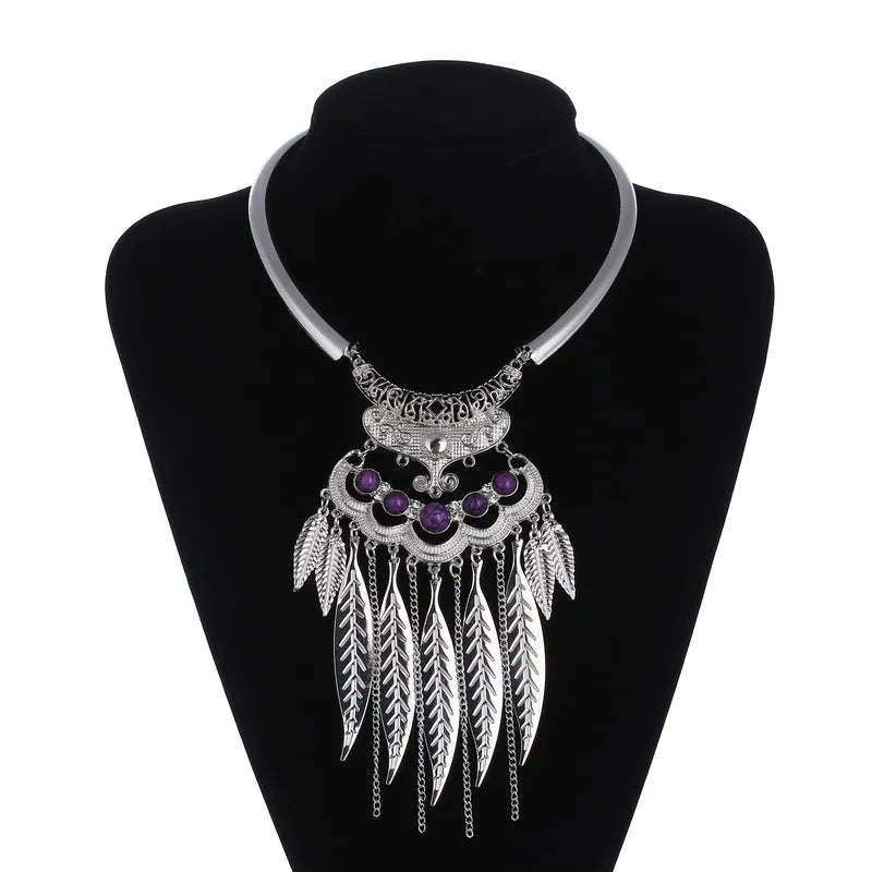 Vintage Statement Boho Necklace For Women Leaves Tassel Blue Black Red Beads Rhinestone Bohemian Necklace Party Jewelry Gift