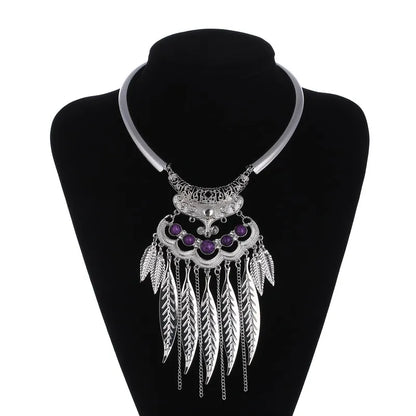 Vintage Statement Boho Necklace For Women Leaves Tassel Blue Black Red Beads Rhinestone Bohemian Necklace Party Jewelry Gift