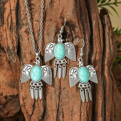 Vintage Bohemian Hollow Round Geometric Necklace Earrings Set For Women Indian Jewelry Ethnic Bule Beads Pendant Jewelry Sets