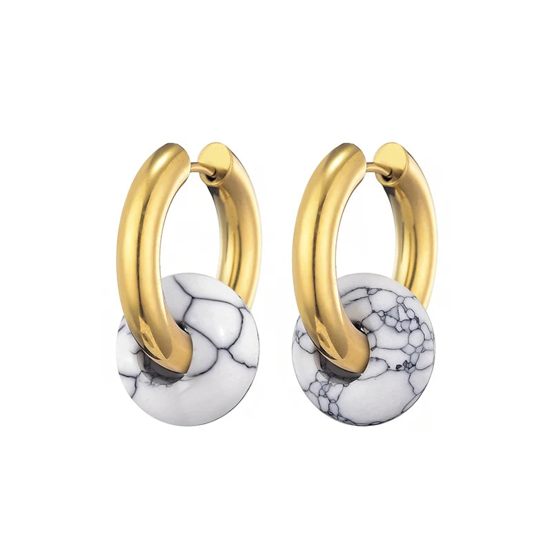 Classic Fashion Natural Stone Round Bead Hoop Earrings Woman Turquoises 3.0mm Thick Stainless Steel Ear Buckle Earrings Jewelry