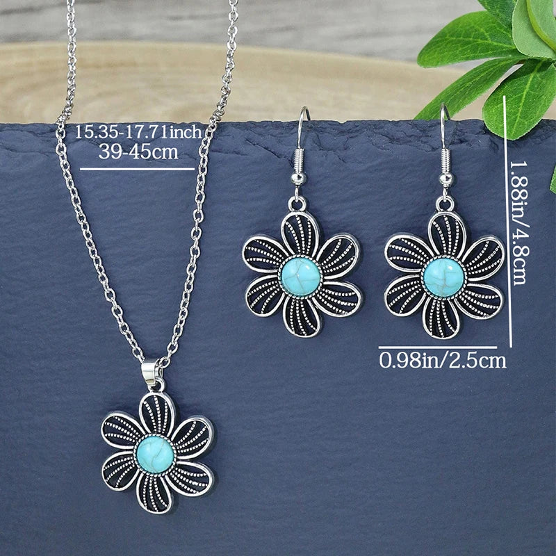 Vintage Bohemian Hollow Round Geometric Necklace Earrings Set For Women Indian Jewelry Ethnic Bule Beads Pendant Jewelry Sets