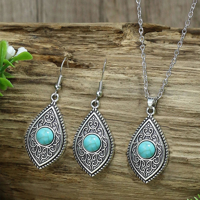 Vintage Bohemian Hollow Round Geometric Necklace Earrings Set For Women Indian Jewelry Ethnic Bule Beads Pendant Jewelry Sets